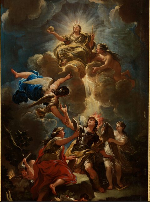 Luca Giordano, Allegory of Divine Wisdom, oil on canvas, early 1680s. A youthful figure representing human intellect is given wings by a figure representing Mathematics, so that he can ascend toward Wisdom.